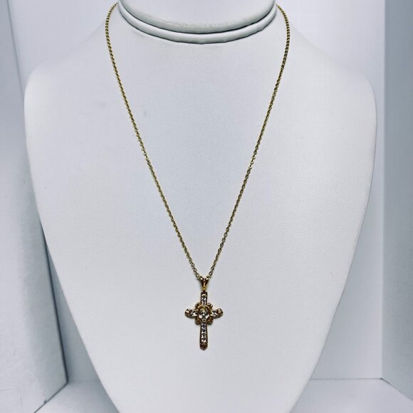 Roman Gold Tone Cable Chain Necklace With Clear Rhinestone Cross Pendant (5705) - Picture 1 of 7